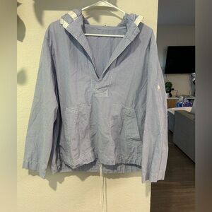 J.Crew Blue White Striped Hoodie‎ Popover Shirt Size L Lightweight Cotton
